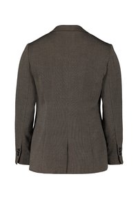 Brown textured blazer with a smooth finish, single vent at the back, notched lapels, and buttoned cuffs. Tailored fit and structured silhouette.