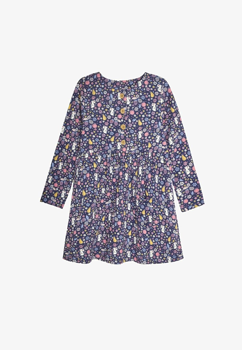 Tumesinise kangaga pikad varrukad vestidos lillemustriga, kus on roosa, kollane ja valge keskkond. Ümmargune kaelus koos nööbiga detailiga.