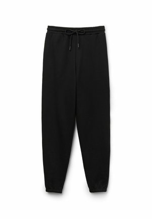 Pantalons de survêtement noirs en mélange de coton, dotés d'une taille élastique avec cordon de serrage et de chevilles fuselées.