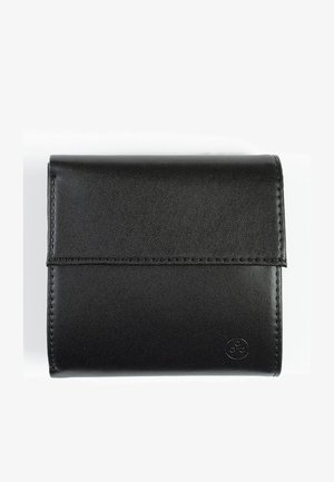 Black leather wallet with a smooth texture, fold-over flap, and stitching details. Features a subtle logo on one side.