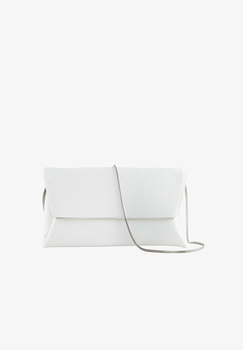 White leather clutch with a sleek, minimalist design. Features a metallic chain strap and a folded flap closure with silver accents.
