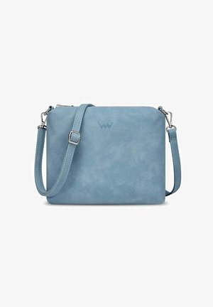 Light blue rectangular crossbody bag with adjustable strap, silver hardware, and subtle embossed logo on front.