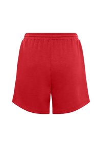 Shorts de sport rouges avec une taille élastique, fabriqués à partir d'un matériau doux, présentant un ourlet droit et une texture lisse.