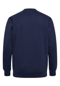 Marinblå sweatshirt med rund halsringning, långa ärmar och ribbade ärmslut. Slät textur, inga mönster eller tryck synliga på baksidan.