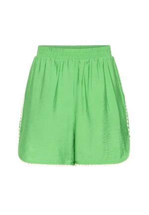 Svetlozelené saténové šortky s elastickým pásom a zaoblenými lemami, s jemným vlnitým ozdobným lemom pozdĺž okrajov.