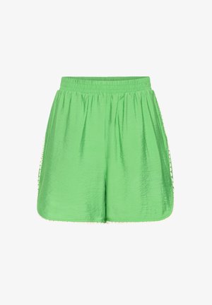 Lysegrønne satinshorts med elastisk taljebånd og afrundede kanter, der har en delikat bølget kant langs kanterne.