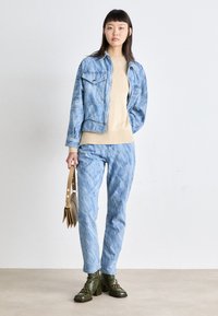 Sveto modra denim jakna in usklajene kavbojke s pomirjenim zaključkom, združeni s bež puloverjem in zelenimi čevlji s peto. Drži bež torbico.