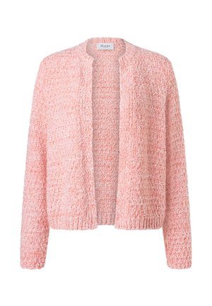 Weicher rosa, offen vorne gestrickter Cardigan mit langen Ärmeln und strukturiertem Muster, Marke Maerz, für den Freizeitgebrauch entworfen.