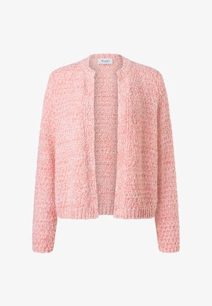 Blød lyserød åben-front strikket cardigan med lange ærmer og struktureret mønster, mærket Maerz, designet til afslappet brug.