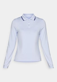 Light blue long-sleeve polo shirt with a collared neckline, featuring a dark blue stripe on the collar and four button placket. Soft fabric.