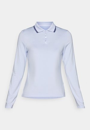 Light blue long-sleeve polo shirt with a collared neckline, featuring a dark blue stripe on the collar and four button placket. Soft fabric.