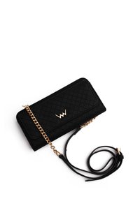 Black faux leather wallet with quilted texture, gold chain strap, and logo accent. Features a zip closure and detachable strap for versatility.