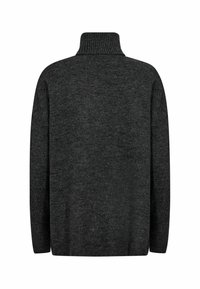 Donkergrijze pullover trui met een hoge ribbelkraag, lange mouwen en een zachte textuur. De achterkant is eenvoudig zonder extra ontwerpelementen.