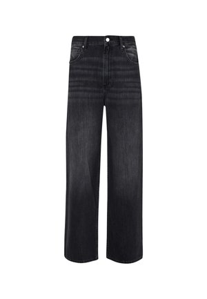 Jeans in denim nero a gamba larga con vita alta, dotati di tasche frontali, chiusura con zip e design classico a cinque tasche. Texture sbiadita.