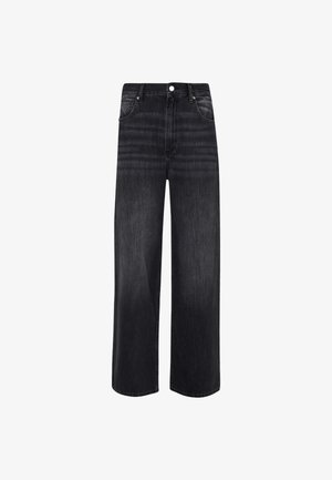 Jeans in denim nero a gamba larga con vita alta, dotati di tasche frontali, chiusura con zip e design classico a cinque tasche. Texture sbiadita.