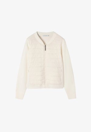 Vaalean kerma väriinen vetoketjullinen takki, jossa on tilkkutäkki etuosa ja ribattu helma sekä hihansuut. Sujuva kangasrakenteen pinta ja sivutaskut lisätäkseen käytännöllisyyttä.