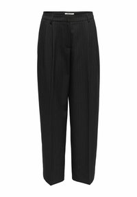 Svarte bukser med tynne striper, avslappet passform, med flat front, vide ben og subtile folder i livet. Laget av vevd stoff.