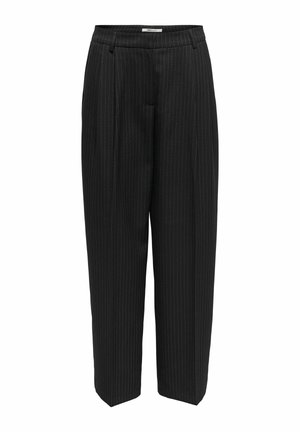 Czarne spodnie w prążki z luźnym krojem, z płaskim przodem, szerokimi nogawkami i subtelnymi zakładkami w talii. Wykonane z tkaniny tkanej.