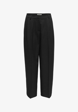 Pantalon noir à fines rayures avec une coupe décontractée, présentant un devant plat, une jambe large et de subtils plis à la taille. Fabriqué en tissu tissé.
