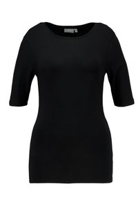 Černý krátký rukáv top vyrobený z měkké látky, s kulatým výstřihem a přiléhavým střihem, bez dalších vzorů nebo akcentů.