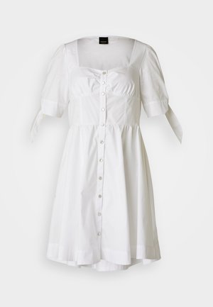 Robe en coton blanche avec de courtes manches bouffantes, décolleté carré, boutons fonctionnels à l'avant et liens aux manches. Design de jupe évasée.
