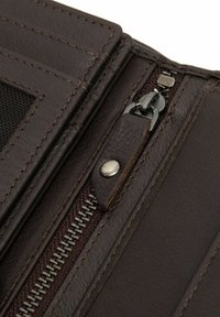 Brown leather wallet with visible stitching, textured finish, and a metal zipper. Features a snap button and open pocket design.