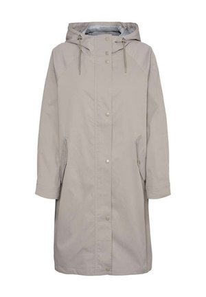 Imperméable gris clair avec capuche, boutons-pression, poches latérales et doublure intérieure rayée. Présente une coupe décontractée et des manches longues.