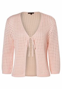 Helles rosa Strickjacke mit V-Ausschnitt, verkürztem Design, 3/4-Ärmeln, offener Vorderseite und Knotenverschluss. Hat ein Netzmuster.