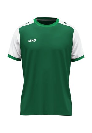 Zielony sportowy t-shirt z białymi krótkimi rękawami, okrągłym dekoltem, logo "JAKO" na klatce piersiowej, wykonany z oddychającego materiału przeznaczonego do użytku sportowego.