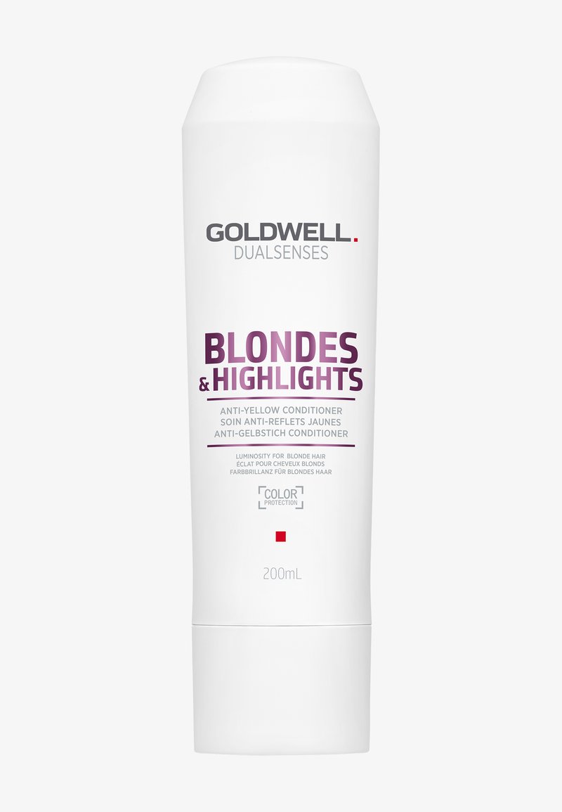Flacon blanc de 200 ml de conditionneur anti-jaunissement Goldwell Dualsenses Blondes & Highlights pour la protection de la couleur des cheveux blonds.
