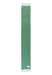 Écharpe en laine verte avec une texture lisse, dotée de bords frangés et d'une petite étiquette. Forme longue et rectangulaire.