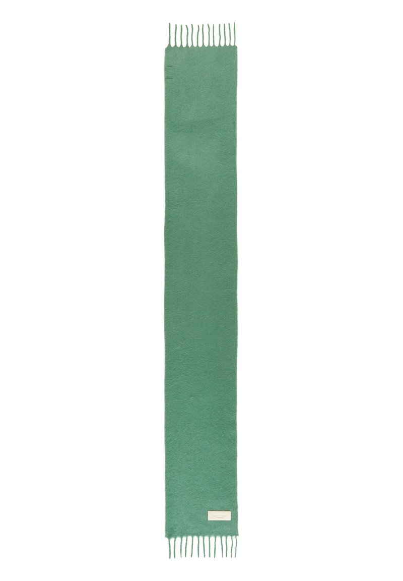 Écharpe en laine verte avec une texture lisse, dotée de bords frangés et d'une petite étiquette. Forme longue et rectangulaire.