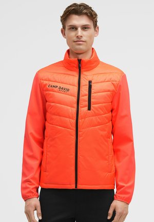 Junger Mann trägt eine leuchtend orange gesteppte Jacke mit schwarzem Reißverschluss und dem Logo „CAMP DAVID SPORT“, vor einem einfarbigen Hintergrund stehend.