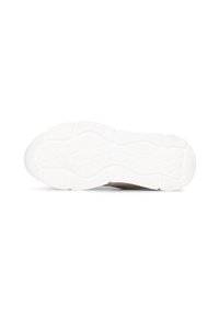 White sneaker sole with a textured surface. Features a rounded toe and contoured tread pattern. Lightweight and flexible design.