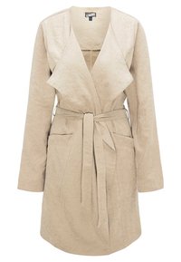 Cappotto avvolgente beige realizzato in morbido tessuto, con maniche lunghe, una cintura da annodare in vita e un'apertura frontale con colletto drappeggiato.