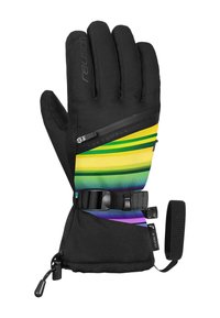 Black winter glove with rainbow stripe, zip pocket, adjustable strap, and wrist loop for secure fit and easy carrying.