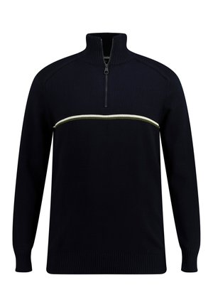 Marineblå sweater med høj krave, lynlås lukning og en vandret creme- og olivengrøn stribe på brystet. Ribbet manchetter og kant.