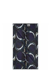 Sciarpa nera e blu navy con forme astratte in bianco e verde oliva. Tessuto liscio, forma rettangolare e etichetta del marchio visibile.