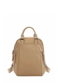 Zaino in nylon beige con doppi manici superiori, spallaccio regolabile, scomparti con zip e dettagli in hardware argentato. Texture liscia.