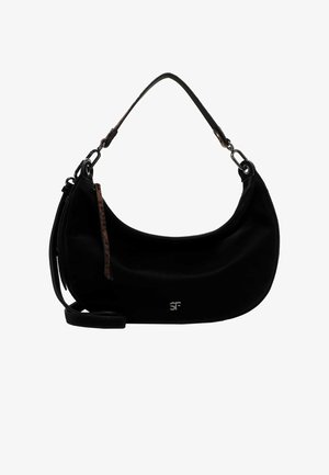 Sort skuldertaske med en glat tekstur, der har en buet form, en kort hank og en aftagelig rem. Inkluderer et lynlåslomme.