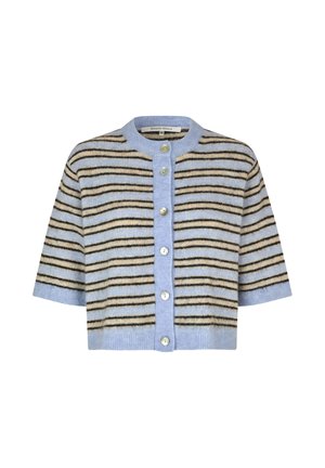 Kurzärmeliger Cardigan aus weichem blauem Stoff mit schwarzen und beigen Streifen, mit rundem Ausschnitt und Knopfverschluss vorne.