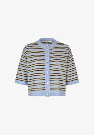 Lyhythihainen neuletakki pehmeästä sinisestä kankaasta, jossa mustia ja beigen värisiä raitoja, pyöreä pääntie ja edessä napitus.