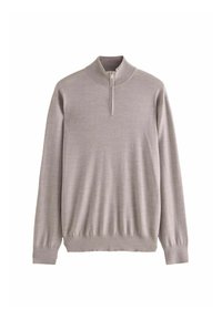 Light gray pullover sweater with a half-zip collar, long sleeves, ribbed hem and cuffs, made of soft, textured fabric.