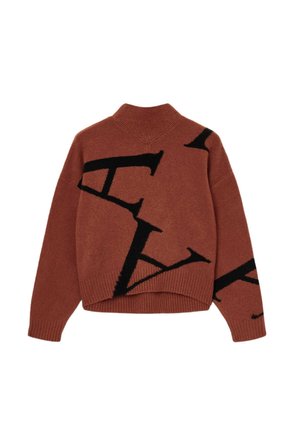 Suéter de color óxido con cuello alto, adornado con un patrón de letras negras. La tela es suave y el diseño tiene un ajuste corto y relajado.