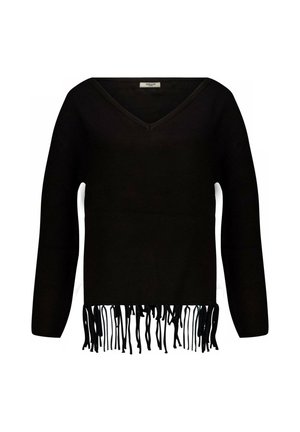 Zwarte trui met lange mouwen, V-hals en een cropped ontwerp met franjes aan de zoom. Gemaakt van zachte, gestructureerde stof.