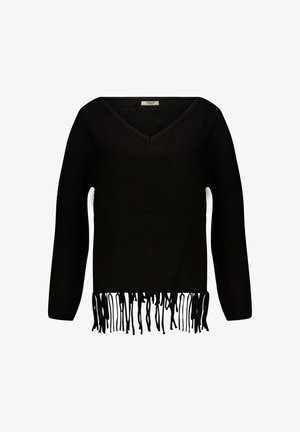 Zwarte trui met lange mouwen, V-hals en een cropped ontwerp met franjes aan de zoom. Gemaakt van zachte, gestructureerde stof.
