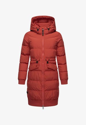 Red puffer coat with a hood, featuring a zip closure, adjustable drawstring waist, and two front pockets with flaps.