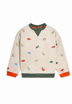 Hellegrauer Sweatshirt mit gestickten Dinosauriern in verschiedenen Farben. Enthält einen grünen Kragen und Bündchen mit orangefarbenen Akzenten an den Ärmeln.