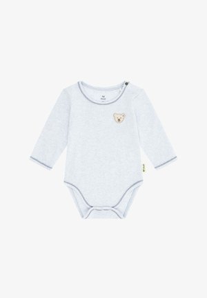 Bodysuit dla niemowląt z długim rękawem w jasnoniebieskim kolorze o miękkiej fakturze, z aplikacją misia na klatce piersiowej i kontrastowymi szwami.