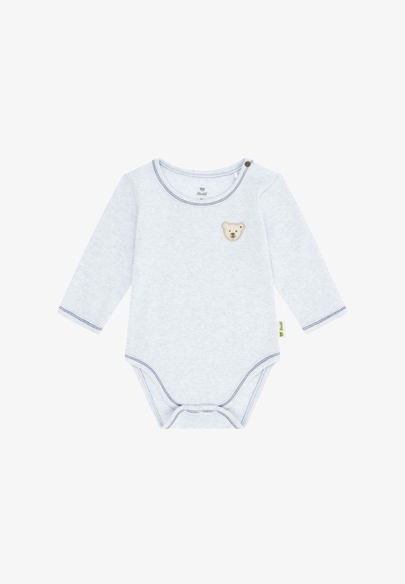 Body per neonati a maniche lunghe di colore azzurro chiaro con una texture morbida, decorato con un'applicazione a forma di orso sul petto e cuciture a contrasto.